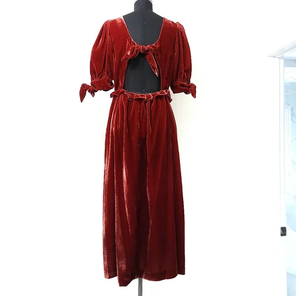 Sea New York Mayde Velvet Puff Sleeve Smocked Bow Midi Maxi Dress - Picture 10 of 11